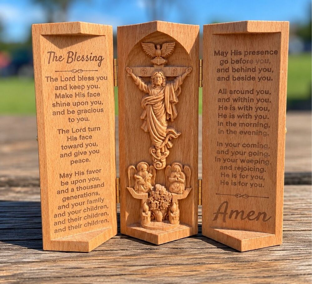 Unbranded Christian Prayer Triptych Carved Wood Natural Faith Decor 5.5”